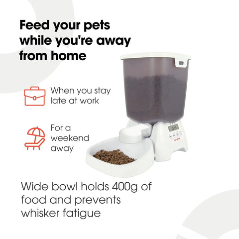 Automatic Pet Feeder With Programmable Digital Timer And Spacious Dry Food Dispenser For Cats And Dogs Schedule Three Hassle Free Portions Daily, showing feeder with wide bowl, holds 400g of kibble.