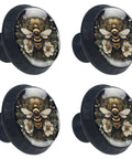 Bee and Flowers Round Cabinet Knobs Set of Four 1.37 Inch, black glass, and ABS handles with floral bee design, screws included