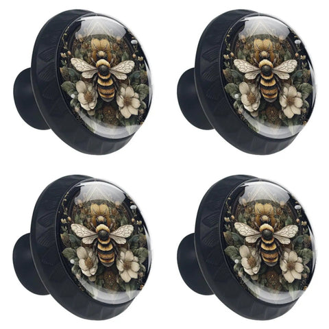 Bee and Flowers Round Cabinet Knobs Set of Four 1.37 Inch, black glass, and ABS handles with floral bee design, screws included