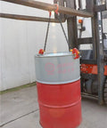 Heavy Duty 2200 Lbs Vertical Drum Lifter With Double Chains For Metal Barrels lifting a metal barrel using a forklift.