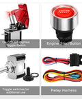 5 In 1 Rocker Switch Panel With Engine Start Button And Relay Harness, 12V LED Toggle Switches for RV and Truck; close-up components.