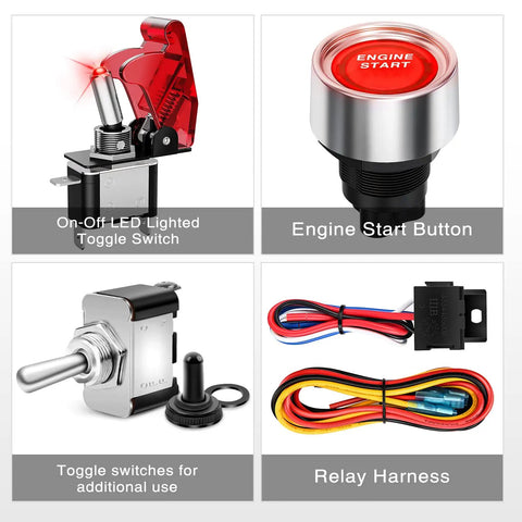 5 In 1 Rocker Switch Panel With Engine Start Button And Relay Harness, 12V LED Toggle Switches for RV and Truck; close-up components.