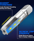 Close-up of Pro Grade NPT Pipe Tap Set tool showing sharp threads and screw tap groove for debris removal.