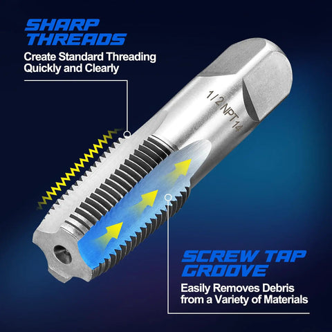 Close-up of Pro Grade NPT Pipe Tap Set tool showing sharp threads and screw tap groove for debris removal.