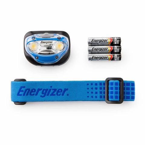 Vision LED Headlamp 200 Lumen 4 Pack With 12 AAA Batteries Included, blue headlamp with strap and batteries shown separately.