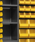 Beefy Industrial Steel Locker Cabinet With Recessed Doors And Locking Hardware For Workshop And Garage Built To Last Storage Solution With Pegboard Organization System And Extra Heavy Duty Construction, gray steel cabinet with yellow bins