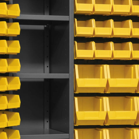 Beefy Industrial Steel Locker Cabinet With Recessed Doors And Locking Hardware For Workshop And Garage Built To Last Storage Solution With Pegboard Organization System And Extra Heavy Duty Construction, gray steel cabinet with yellow bins