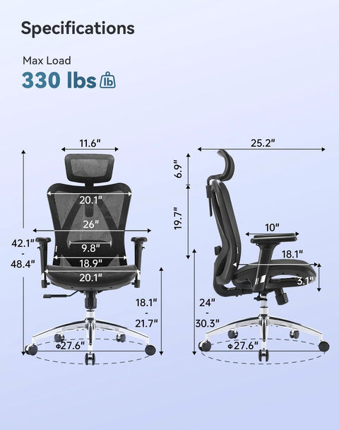 M57 Ergonomic Mesh Office Chair With High Back 3D Armrests Lumbar Support Adjustable Headrest And Tilt Ultra Comfy Big And Tall Computer Chair Up To 330 Lbs Black, front and side views with dimensions