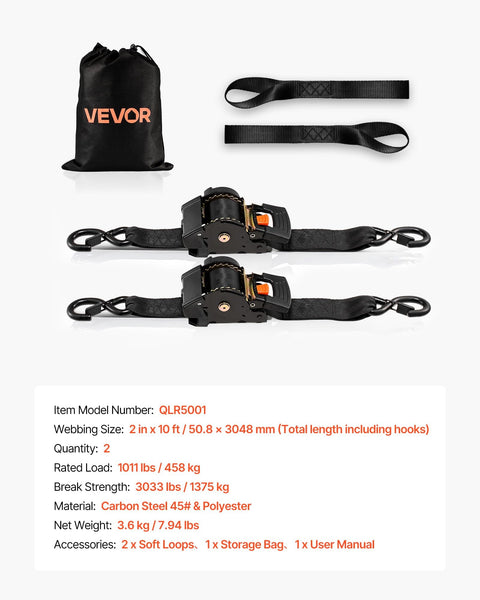 Two Pack Retractable Ratchet Straps 2 Inch By 10 Foot Tie Down Straps With S Hooks And Soft Loops, 3033 Lbs Break Strength, shown with storage bag