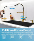 Gold Kitchen Faucet With Soap Dispenser And Pull Down Sprayer, Three Color LED Temperature Light in modern kitchen setup