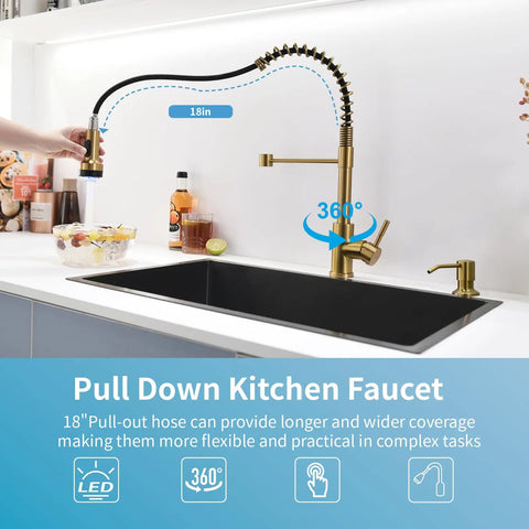 Gold Kitchen Faucet With Soap Dispenser And Pull Down Sprayer, Three Color LED Temperature Light in modern kitchen setup