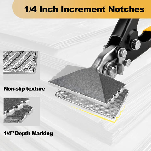 Front view of a 3-inch sheet metal hand seamer with black TPR handle and silver jaw; 1/4 in notch scale