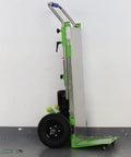 RXFSP Heavy Duty Electric Stair Climbing Hand Truck 880 Lb Capacity with curved design and foldable steel frame, side view.