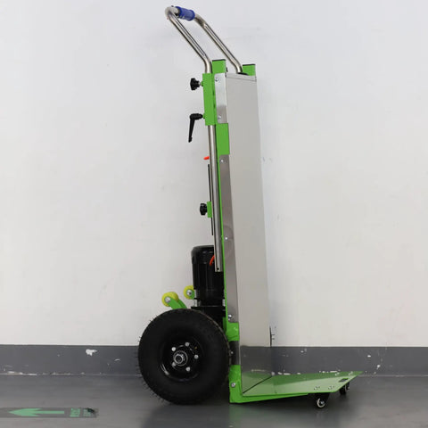 RXFSP Heavy Duty Electric Stair Climbing Hand Truck 880 Lb Capacity with curved design and foldable steel frame, side view.