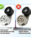 Premium Drive Belt Tensioner Kit For Dodge Ram 2500 3500 4500 5500 With 5.9L Or 6.7L L6 Engine Years 2003 Through 2012 Smooth Installation And Durable Build Quality To Keep Your Ride Running Like New. shown new and worn tensioner pulley