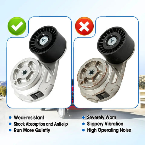 Premium Drive Belt Tensioner Kit For Dodge Ram 2500 3500 4500 5500 With 5.9L Or 6.7L L6 Engine Years 2003 Through 2012 Smooth Installation And Durable Build Quality To Keep Your Ride Running Like New. shown new and worn tensioner pulley
