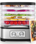 No Sweat Food Dehydrator Featuring Five Bpa Free Trays And Adjustable Temperature Control, with fruits and tomatoes.