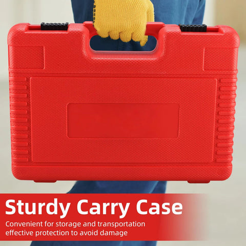 Red hard carrying case for 8MILELAKE cylinder leak-down tester kit; textured plastic with black latches.
