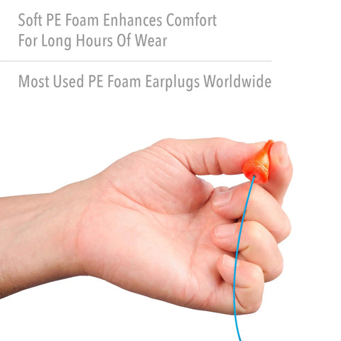 Hand holding Corded Disposable Foam Earplugs Orange NRR 33 Noise Reduction For Maximum Protection All Day Comfort 100 Pairs