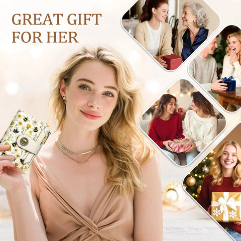 Woman holding Floral Bee Small Wallet For Women With RFID Blocking Bifold Card Holder Zipper Coin Pocket as a gift idea