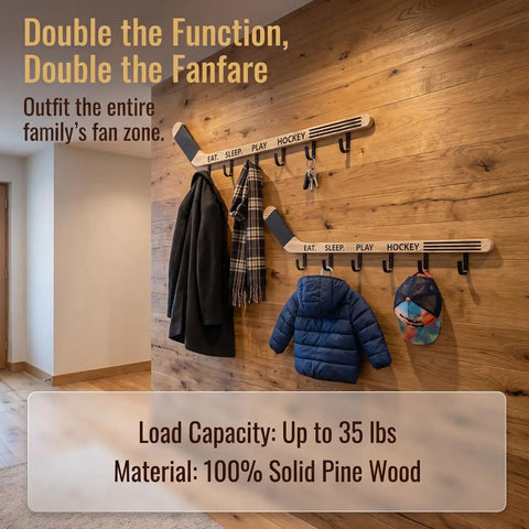 Premium Quality Top Tier Solid Wood Hockey Stick Wall Mounted Coat Rack Featuring Six Heavy Duty Hooks on display with jackets and hats.