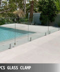 4 Pack Glass Railing Clamps For 8 To 12 Mm Glass Thickness 304 Stainless Steel Spigots Snaps In Smoothly No Drill Needed DIY Friendly Balcony Deck Handrail Hardware Silver Finish featured in poolside setting