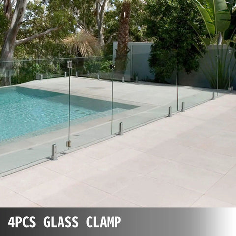 4 Pack Glass Railing Clamps For 8 To 12 Mm Glass Thickness 304 Stainless Steel Spigots Snaps In Smoothly No Drill Needed DIY Friendly Balcony Deck Handrail Hardware Silver Finish featured in poolside setting