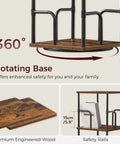 Solid Five Tier Freestanding Swivel Corner Bookshelf With Slick 360 Spin Rustic Industrial Storage Rack showing rotating base and safety rails.
