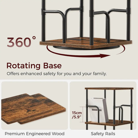 Solid Five Tier Freestanding Swivel Corner Bookshelf With Slick 360 Spin Rustic Industrial Storage Rack showing rotating base and safety rails.