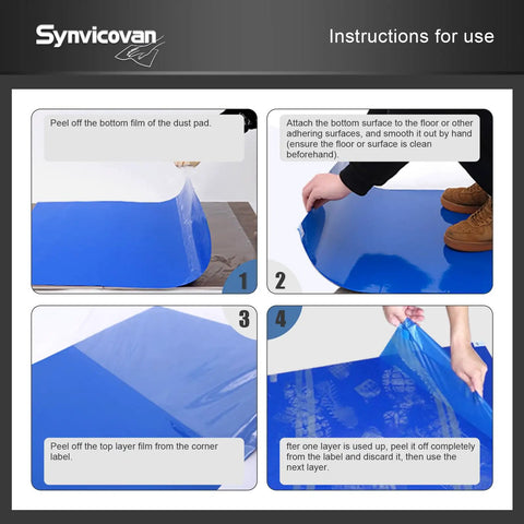 Instructions for use of Heavy Duty 17 By 13 Inch Sticky Entrance Mat 5 Pack featuring layering and application steps.