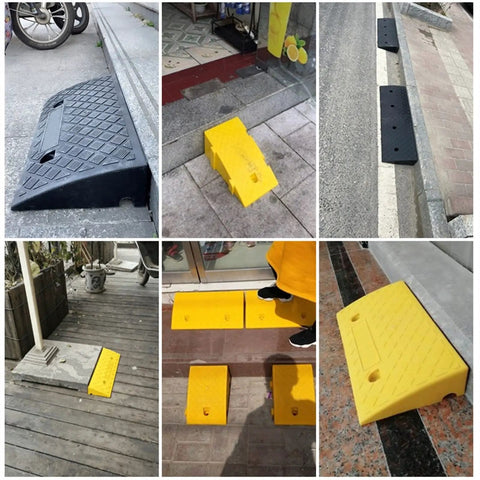 Built Tough Portable Loading Ramp With Grippiest Non Slip Surface Heavy Duty Threshold For Driveway Curb Loading Dock Wheelchair Setup Quick Swap Orange Model 25 By 45 Centimeter compact size displayed in various outdoor settings.
