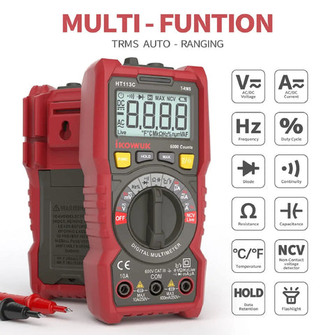 DIY Ready Pro Grade TRMS 6000 Counts Digital Multimeter With Auto Ranging NCV Capability showing display and controls.