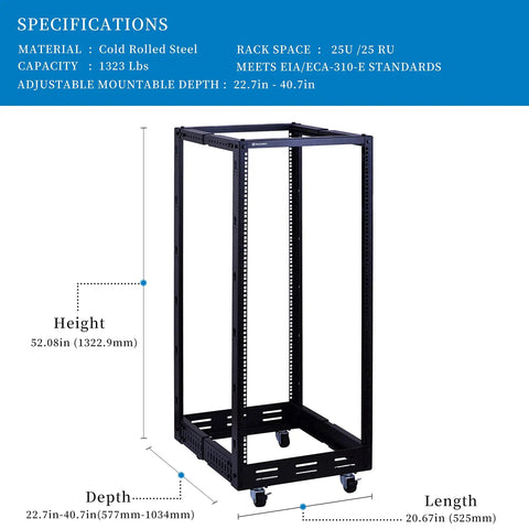 Heavy Duty 25U Open Frame Server Rack With Smooth Rolling Caster Wheels And Adjustable Depth Built Like A Tank From Cold Rolled Steel For Zero Hassle Network Gear Mounting And Quick Shop Transfers