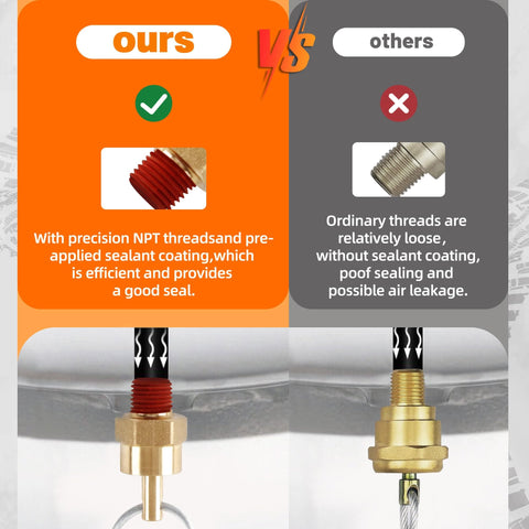 Comparison of precision NPT threads and ordinary threads on air tank drain valve plug fitting with sixty inch cable brass construction.