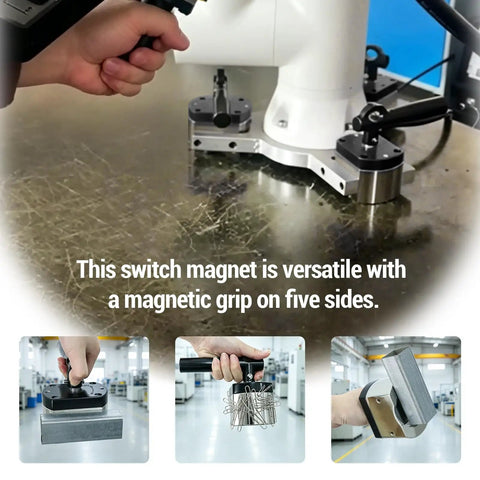 Switchable Magnetic Lifter With Detachable Handle For Welding, 600 Pound On Off Magnet shown gripping metal surface