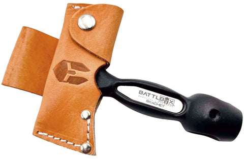 Five In One Survival Hatchet Head With Skinner Ulu Hammer Ripper And Gut Hook Leather Sheath, carbon steel, close-up view
