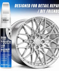 Universal Silver Rim Touch Up Paint With Built In Brush For Curb Rash And Wheel Scuff Scrapes Fast Curing Formula in 12ml bottle next to alloy wheel.