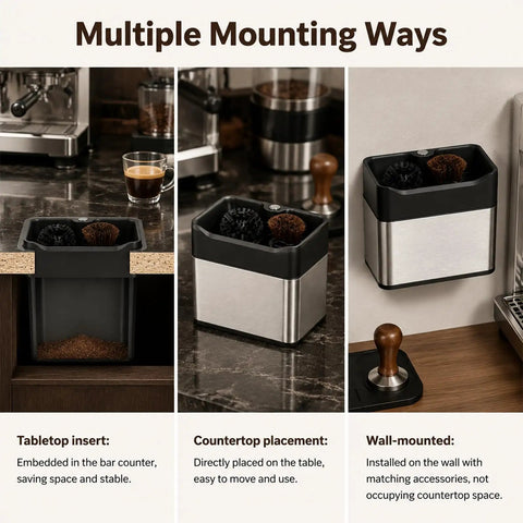 Images showing Top Shelf Electric Portafilter Cleaner With Automatic Dual Brush Fits 51mm And 58mm Filters mounted in three ways.