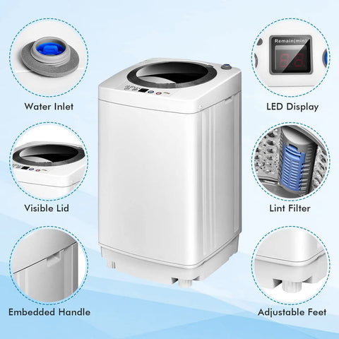 Full Auto Portable Washing Machine, 8 Pounds Compact Laundry Washer Spin Dryer Combo With Led Display, Three Water Settings, Hassle Free Pick For College Dorms, Apartments, Road Trips And Tiny Spaces - features visible lid, embedded handle, and lint filter.