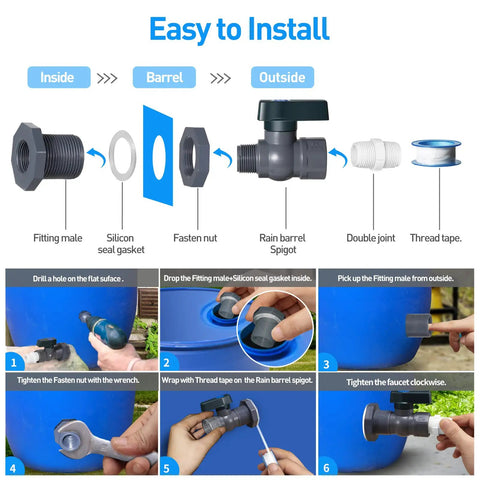 Installation guide for Rain Barrel Spigot Kit with PVC 3/4 inch spigot, bulkhead fitting, hose adapter, and thread seal tape.