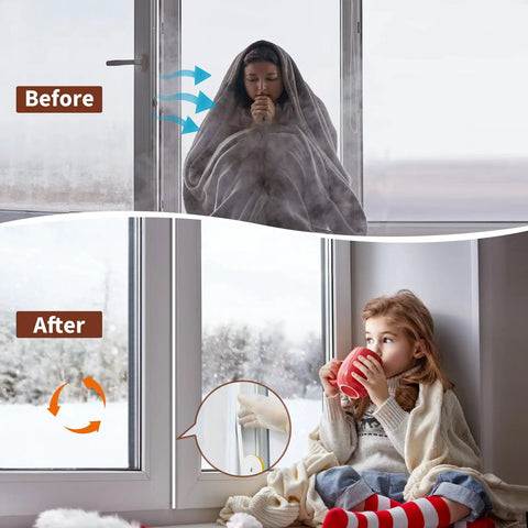 Before and after image showing the effect of White Foam Rubber Seal Tape Self Adhesive Weather Stripping on windows.