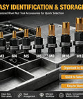 Rivet Nut Tool Set M3 Through M12 Mandrels Carbon Steel Construction Black Finish Heavy Duty Rivet Nut Kit For Auto Motorcycle And Workshop Repairs Reusable Mandrels Two Set, organized by size in tray