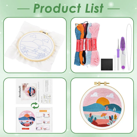 Punch Needle Kit For Adults And Beginners, DIY Landscape Embroidery Set with hoops, yarn, tools, and instructions visible