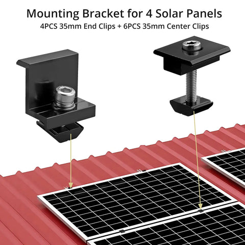 10 Pack Solar Panel Mounting Brackets 1.38 Inch Aluminum Alloy Roof Clamps With 304 Stainless Steel Fasteners close-up on black clips and solar panel.