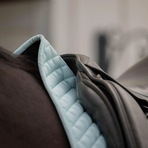 Dressage Saddle Pad With Moisture Wicking Tricot Backing In Misty Jade For Everyday Riding Comfort Contoured Withers Fit shown on horse