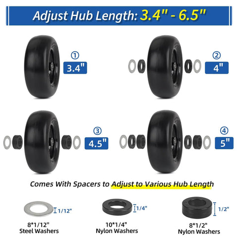 11x4.00-5 Flat Free Lawn Mower Tire And Wheel With Bearing Bore 3/4 Inch Or 5/8 Inch, adjustable hub lengths from 3.4 to 5 inches