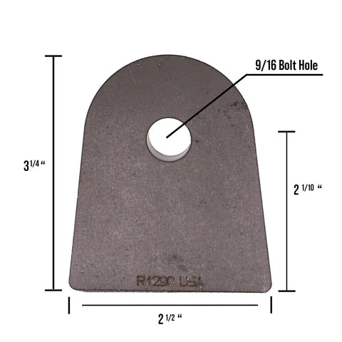 Top Shelf Weld On Suspension Link Tab Flat Mount Bracket Fabricated From 3/8 Inch Thick Steel With 9/16 Bolt Hole, dimensions displayed.