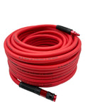 3/8 Inch By 100 Ft Heavy Duty Hybrid Air Compressor Hose Lightweight Kink Free All Weather Flex coiled with aluminum swivel coupler.