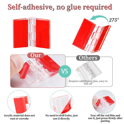 Comparison of 16 Pcs Self Adhesive Clear Acrylic Hinges 35x25mm, red backing vs plain hinge, showing adhesive feature.