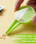 Mini Seed Spreader Handheld Seed Planter Tool in use showing seeds dispensed through dial settings, light green